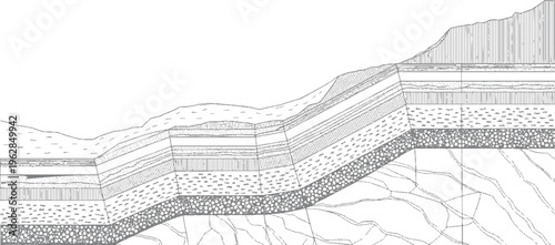 Geological cross section showing stratified rock layers and fault lines geology strata