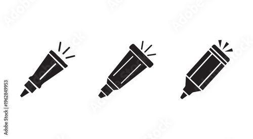 Three black marker icons with lines indicating movement and writing action on white background
