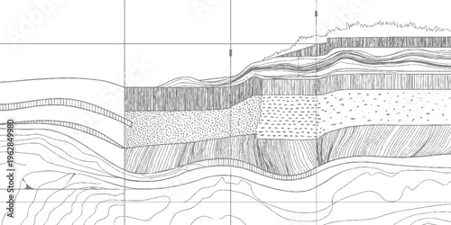 Geological cross section showing layered rock strata and soil deposits with varied textures and formations