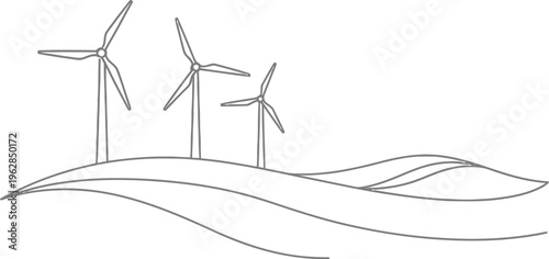 Wind turbines on a hill with rolling hills and clear sky