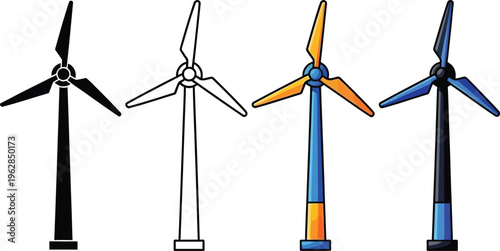 Four different wind turbines with unique designs and colors