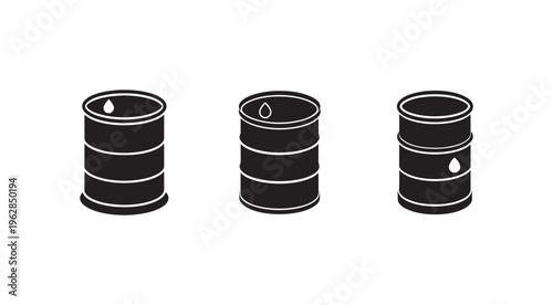 Three black oil barrels with white outlines and single oil drops on a white background  industrial storage containers