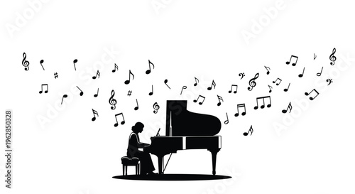 A black silhouette of a female musician playing a grand piano with musical notes floating against a white background.