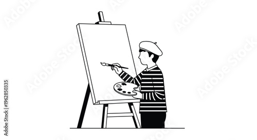 A black and white line illustration shows a male artist in a beret and striped shirt holding a palette while painting on a blank canvas.