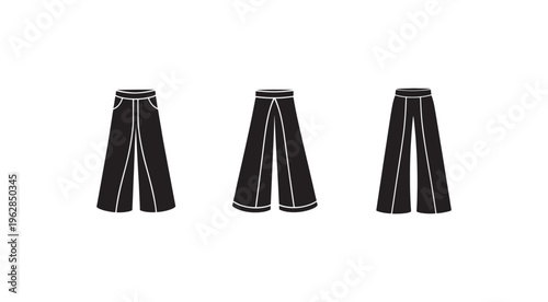 Three black pants with white lines  different styles  fashion illustration