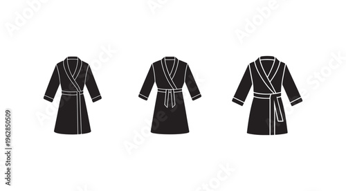 Three black robes with white outlines in different poses  front and side views  isolated on white background