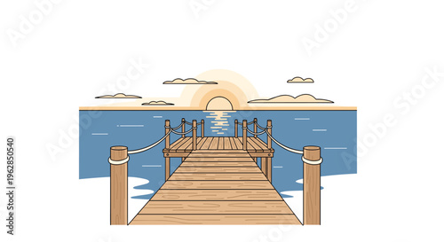 A wooden boardwalk with rope railings leads toward a setting sun over a blue ocean with clouds in a white sky.