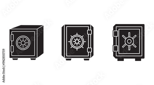 Three black safe boxes with white outlines and different dials and handles on a white background for security and finance concepts  safe boxes  security  finance