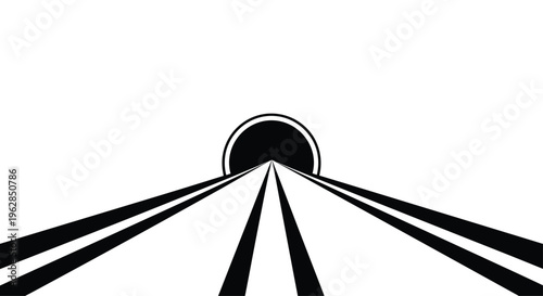 A black and white perspective view of a multi-lane road leading directly into a dark circular tunnel opening.