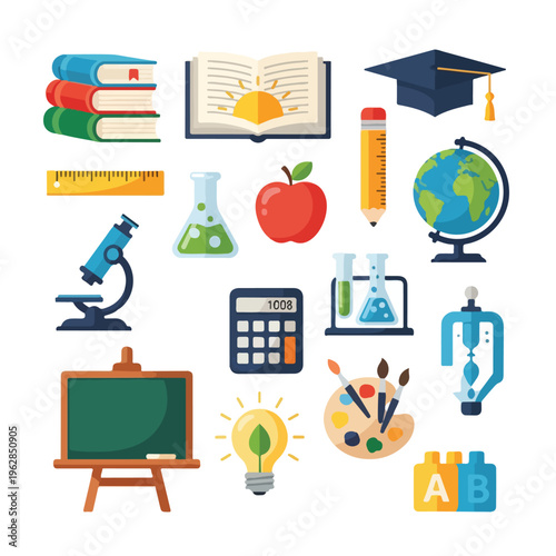 Flat vector graphics of various school and learning related objects