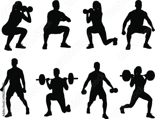 Silhouette of people performing various exercises with dumbbells