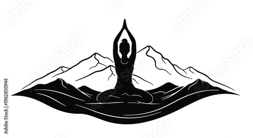 Yoga practitioner silhouette performing a meditative pose atop stylized mountains, symbolizing tranquility, spiritual well-being, and a connection with nature, presented in a striking monochromatic.