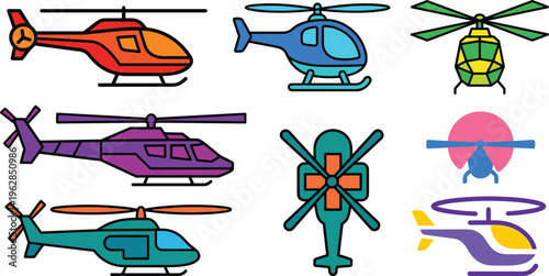 Helicopter vector illustration set with different rotor aircraft styles colorful aviation transport collection isolated design