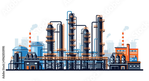 A colorful flat illustration of a large industrial oil refinery with dark blue towers and orange platforms.