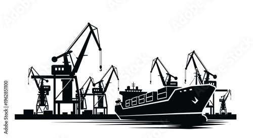 A black silhouette of a large cargo ship docked at a harbor with several tall industrial cranes for loading.