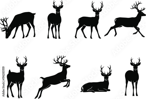 Collection of deer silhouettes in various poses and actions
