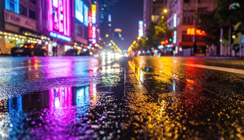 City street at night reflects colorful lights in the wet asphalt after rain
