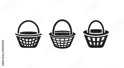 Three black shopping baskets with handles in different angles for online store or shopping cart symbol  ecommerce and retail icons