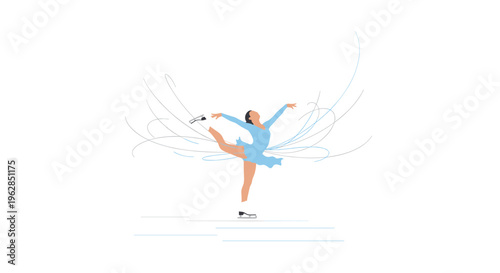A female figure skater wearing a blue dress performs a graceful leg extension pose on a white surface surrounded by abstract blue swirls.