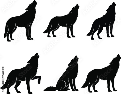 Collection of six different wolf silhouettes in various howling positions