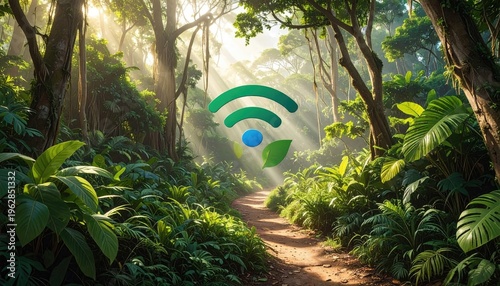 A lush forest path with a stylized green wifi symbol