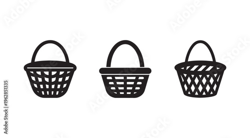 Three black shopping baskets with handles in different styles for grocery shopping and retail  various woven patterns for market and store use