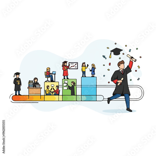 Fotografi Illustration depicts educational stages, culminating in graduation and celebrati