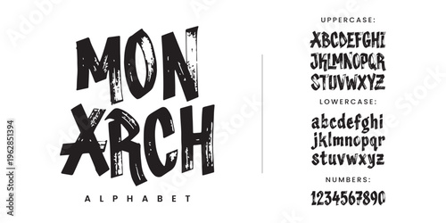 Monarch vintage rough display font with grunge texture and blocky woodcut style for retro badge label apparel design