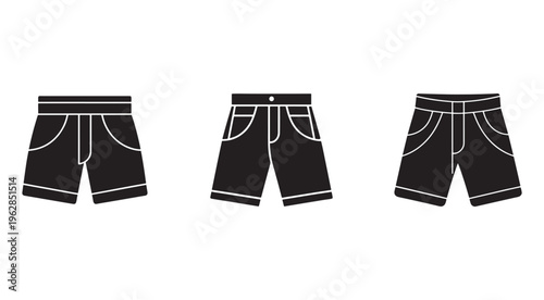 Three black shorts with white outlines shown from different angles for fashion or design reference  various views of casual short pants