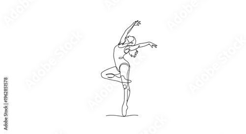 A minimalist continuous line drawing of a female ballerina performing a graceful dance pose on a white background.