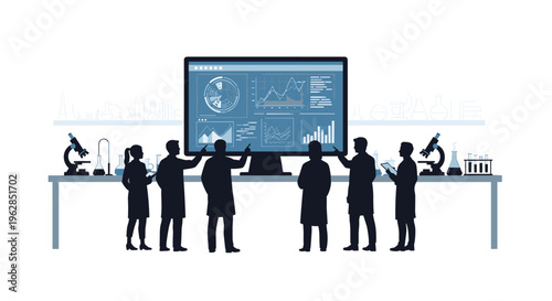 Six silhouetted figures in lab coats stand before a large digital screen displaying data charts inside a laboratory with science equipment.