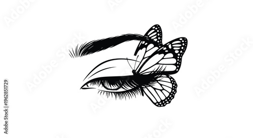 A black and white illustration of a human eye where the upper eyelashes and lid are formed by the detailed wings of a monarch butterfly.