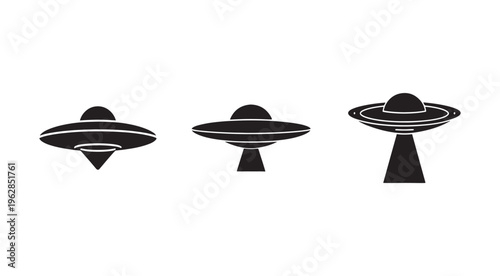 Three black silhouette UFO spaceship icons with different shapes and designs in a row on white background  flying saucers with various details and features