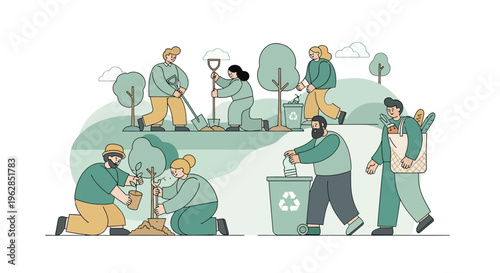 People engaging in eco friendly activities in a green environment together outdoors