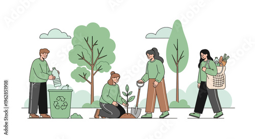 People engaging in eco friendly activities in a green environment together outdoors