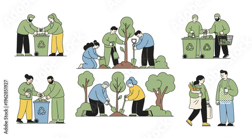 People engaging in eco-friendly activities for a sustainable future together