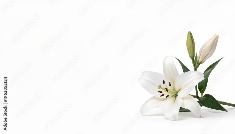 Obraz premium Beautiful White Lily Flower with Bud on a Clean White Background