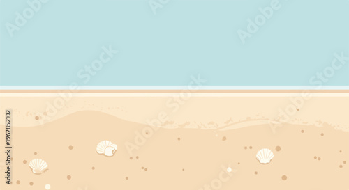 A beach scene, with sand, shells, and a calm, light-blue sky