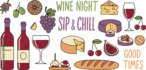Wine Party Cheese Playful Night, Illustration Cartoon Collection
