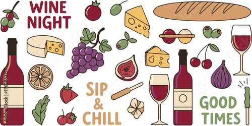 Wine Party Cheese Playful Night, Illustration Cartoon Collection