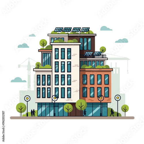 Modern architectural illustration showcasing a sustainable building with solar panels