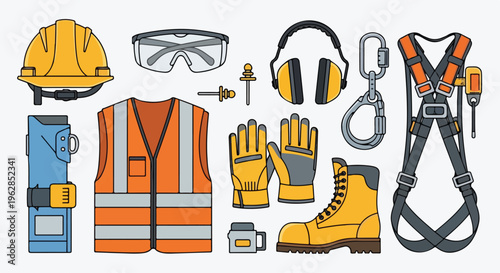 Flat lay of safety gear and equipment for the World Day for Safety and Health at Work on a clean white background