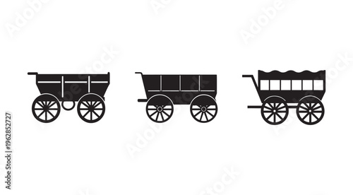 Three black silhouettes of old carts with wheels used for transporting goods and people in a historical or western setting with white background