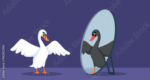 White Swan Looking in the Mirror Seen Black Swan Illustration. Visual metaphor of an alter ego and transformation of one self into someone new