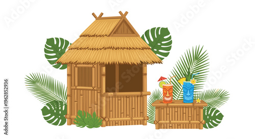 A clean illustration of a small bamboo shack and a separate serving counter holding two colorful tiki-style drink mugs decorated with tropical fruit and surrounded by large green palm fronds.