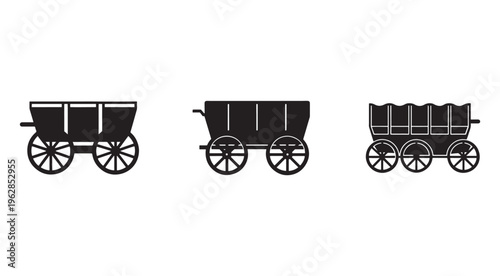Three black silhouettes of old western covered wagons with wooden wheels side by side on white background  wagons have different designs
