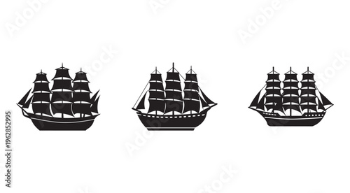 Three black silhouettes of old sailing ships with multiple masts and sails on white background  ships with different designs and details  maritime icons