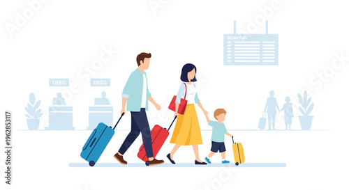 A flat vector illustration of a mother, father, and young son walking through a bright airport terminal while pulling blue, red, and yellow rolling suitcases toward a departure gate.