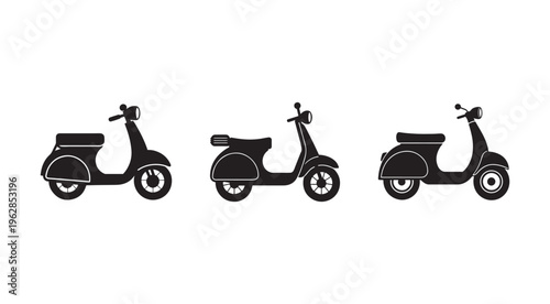 Three black silhouettes of scooters in different positions on white background  motorbike vehicle transportation icons