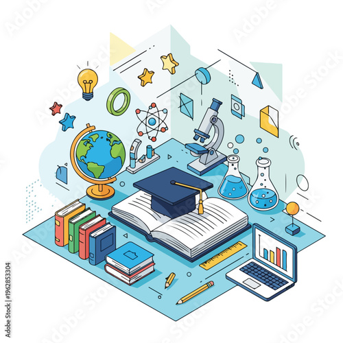 Isometric illustration of education elements. Books, globe, and microscope are shown